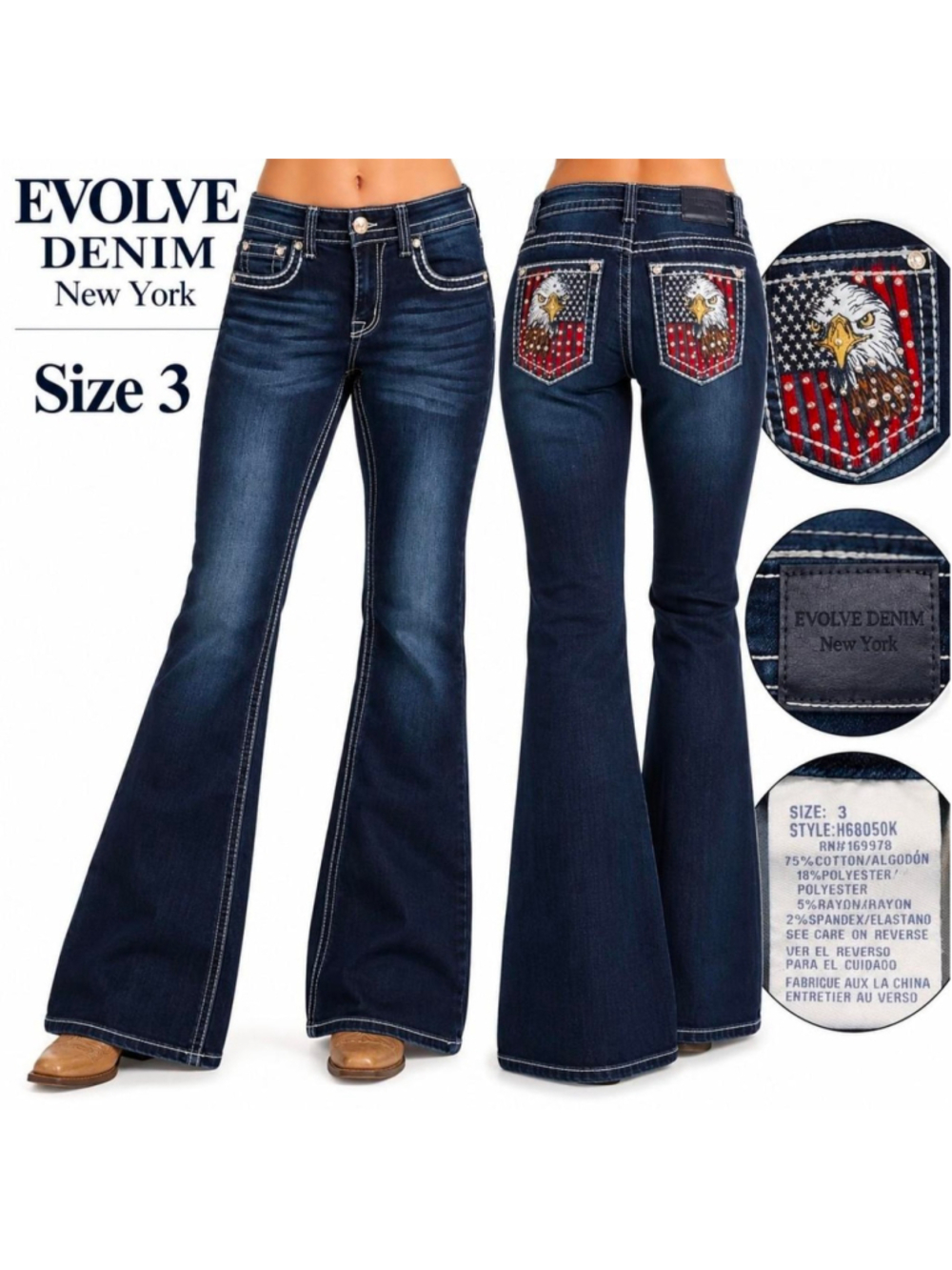 Evolve Denim Size 3 Y2K Eagle American Flag Rhinestone Flare Jeans